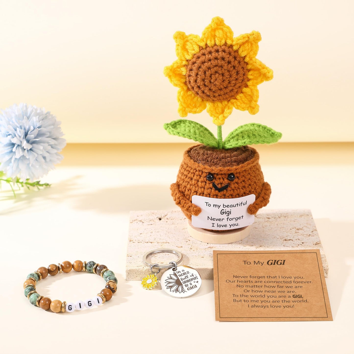 Lamyba Gigi Gifts for Grandma, Sunflower Crochet Decor, Natural Stone Adjustable Bracelet and Keychain Set, Christmas Birthday Mothers Day Gift for Gigi from Grandkids