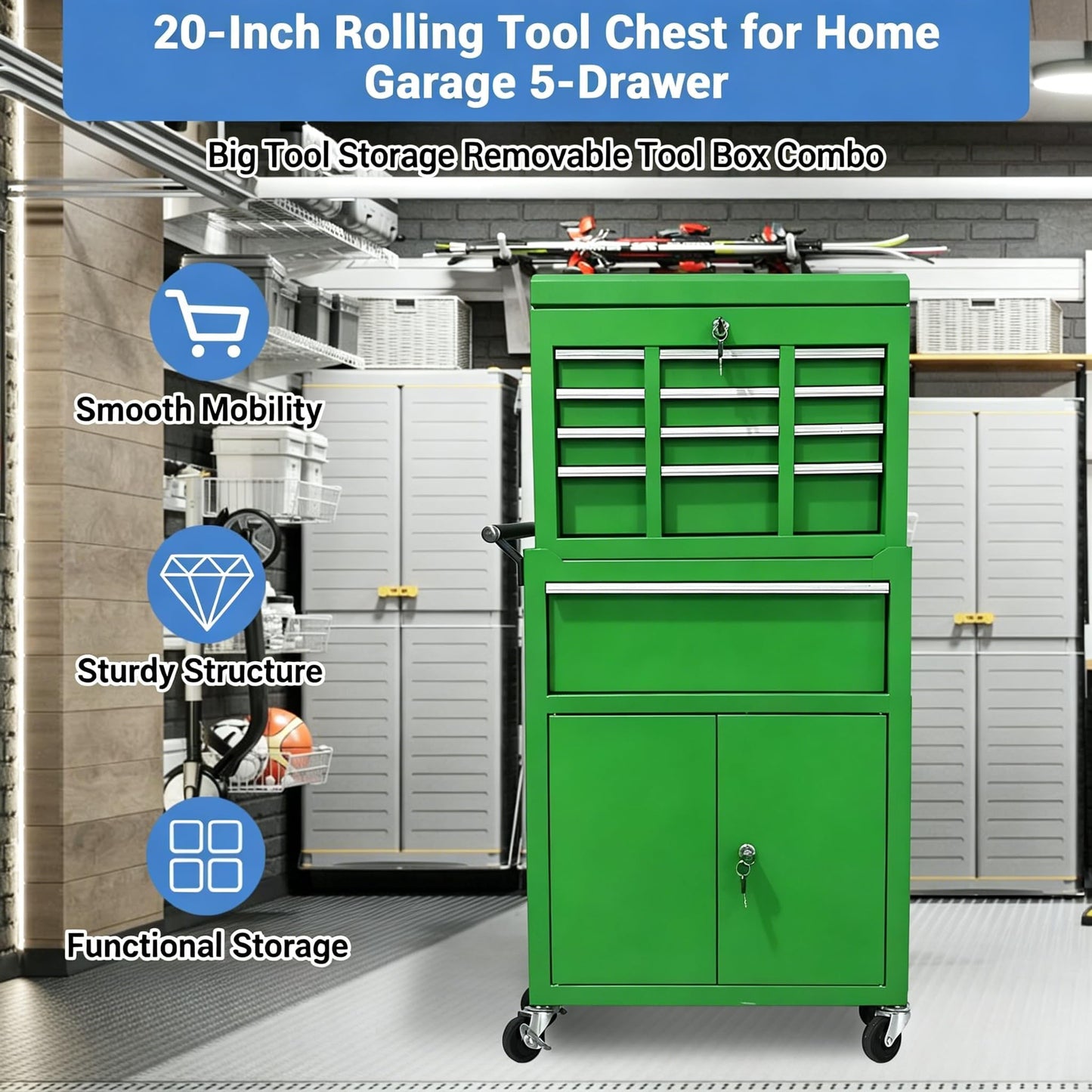 PeakPursuit Rolling Tool Chest, 5 Drawer Heavy Duty Mobile Tool Cart with Locking Wheels and Ball Bearing Slides, Garage Tool Storage Cabinet, Metal Tool Box on Wheels, Green