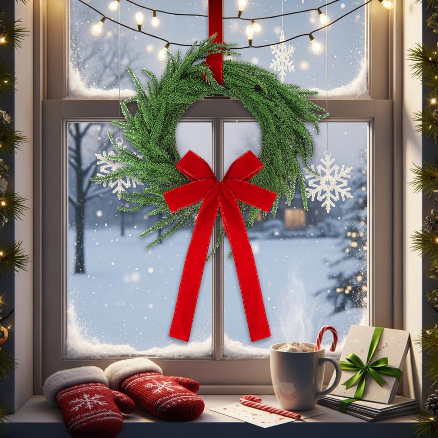 Janinka 6 Pcs Christmas Wreath for Windows 11.8 Inch Christmas Window Decorations Cabinet Wreaths with Red Bow Greenery Artificial Hanging Garlands for Fireplaces Window Home (Norfolk)