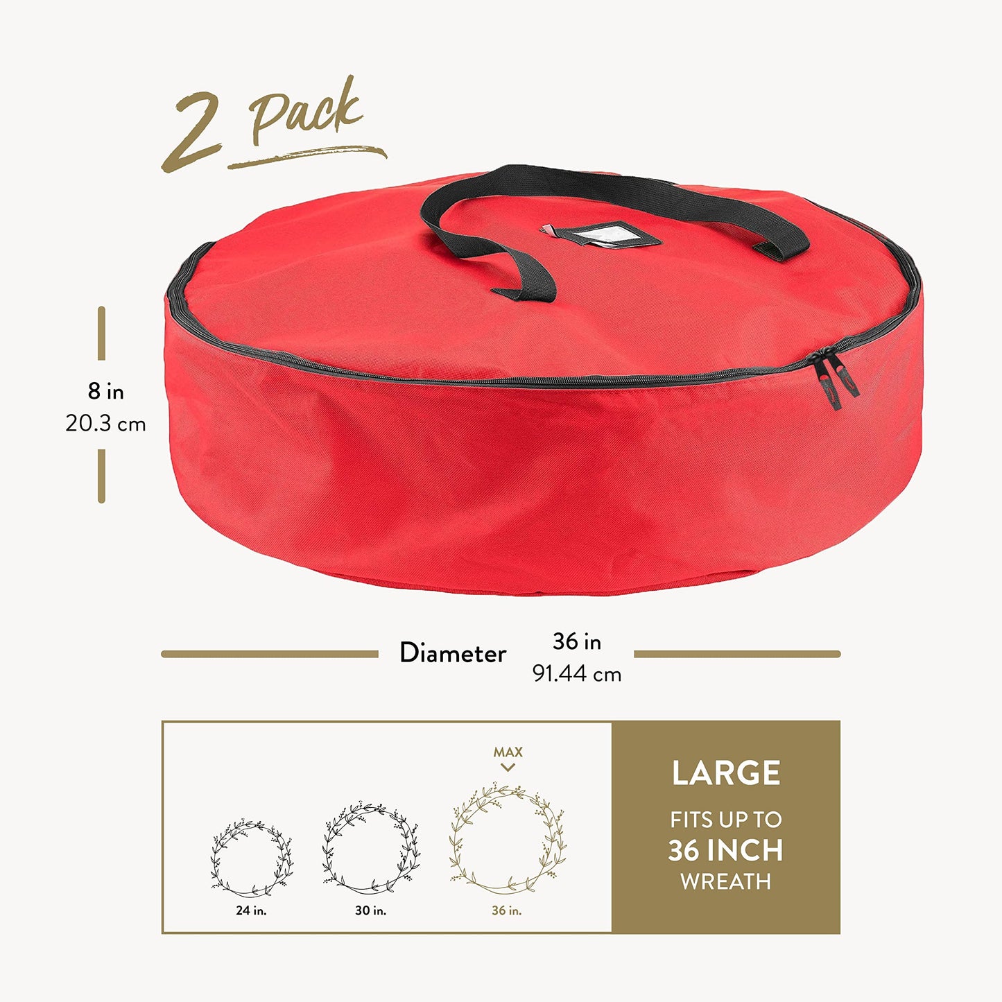 ZOBER 2 Pack Oxford Christmas Wreath Storage Container 36 Inch - Wreath Bag for Artificial Wreaths Box - Waterproof Fabric, Dual Zippered Wreaths Storage Bag With Strong Durable Handles - Red