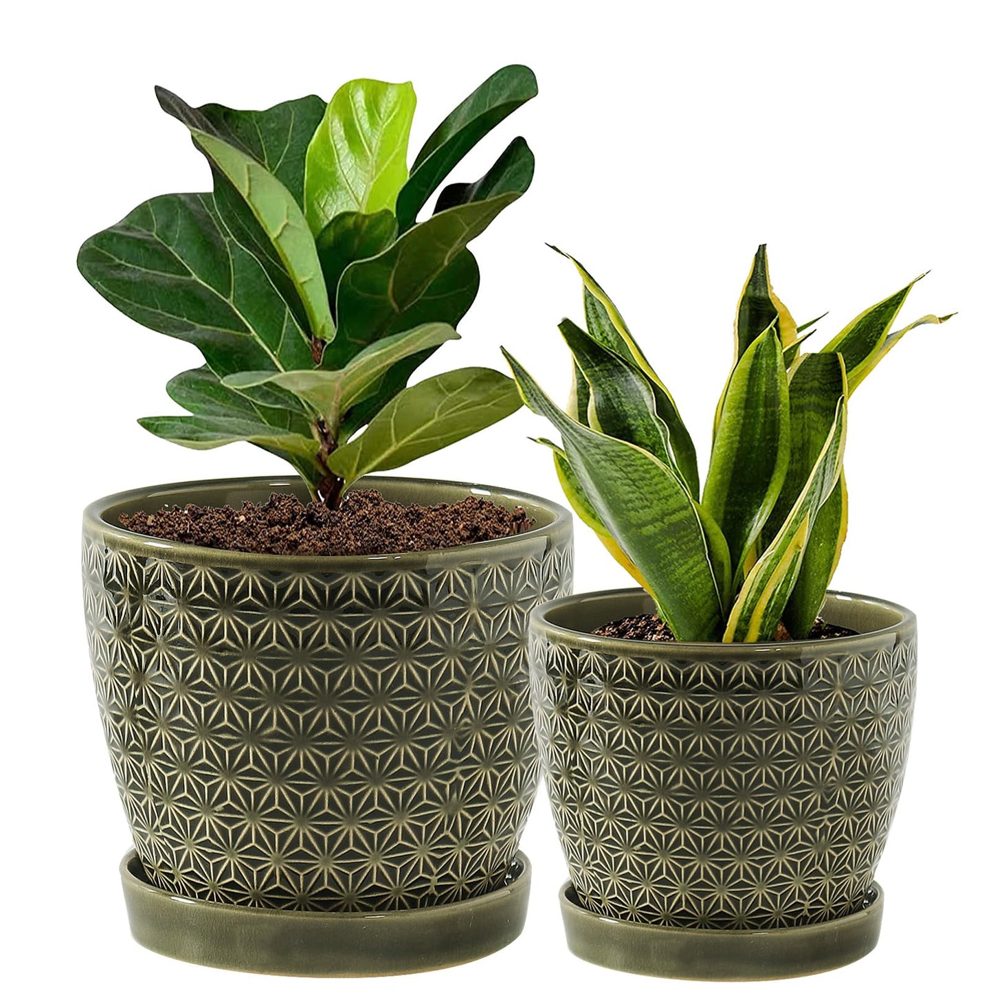 Swkien Plant Pots, Flower Pots, Planters for Indoor Plants(6.5+5.5inch), Flower Pots for Indoor Plant with Drainage Hole and Saucer, Ceramic Pots for Plants with Hole Mesh Pad,Reactive Glaze Green