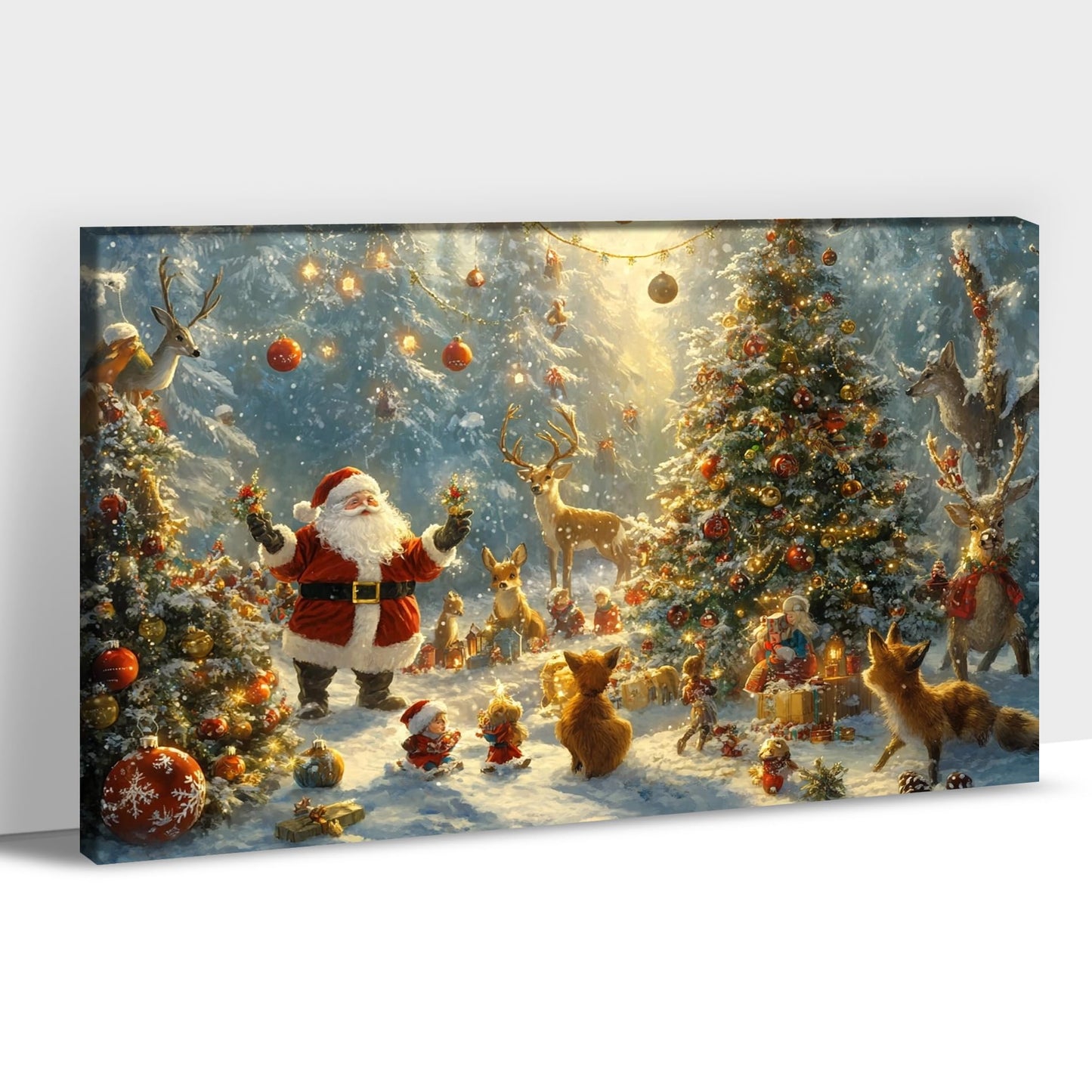 GUTTATY Christmas Canvas Wall Decor, Cute Santa Christmas Pictures Wall Art, Christmas Tree Prints Picture Framed, Deer Animal Art Prints, Winter Snowy Scene Posters for Living Room 18x24 Inch