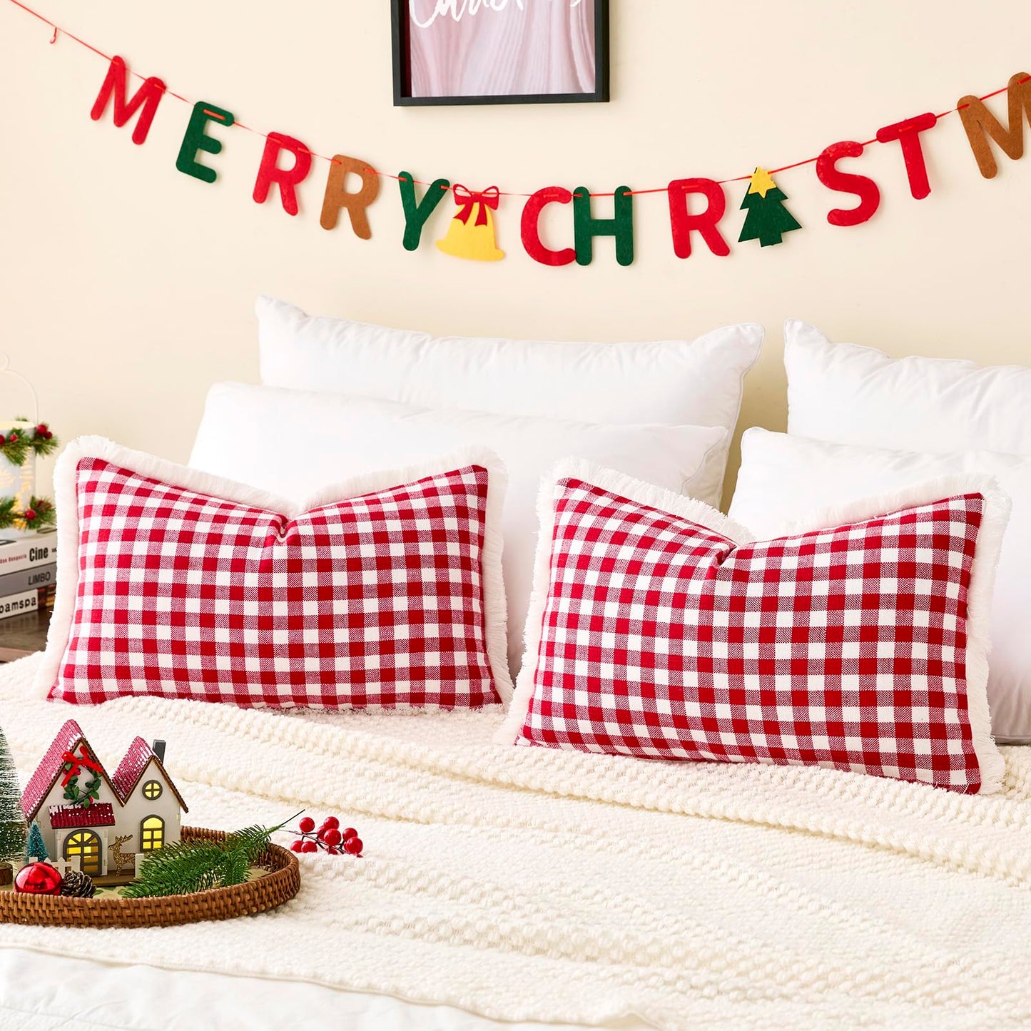 12x20 Red and White Christmas Plaid Gingham Lumbar Pillow Covers Set of 2