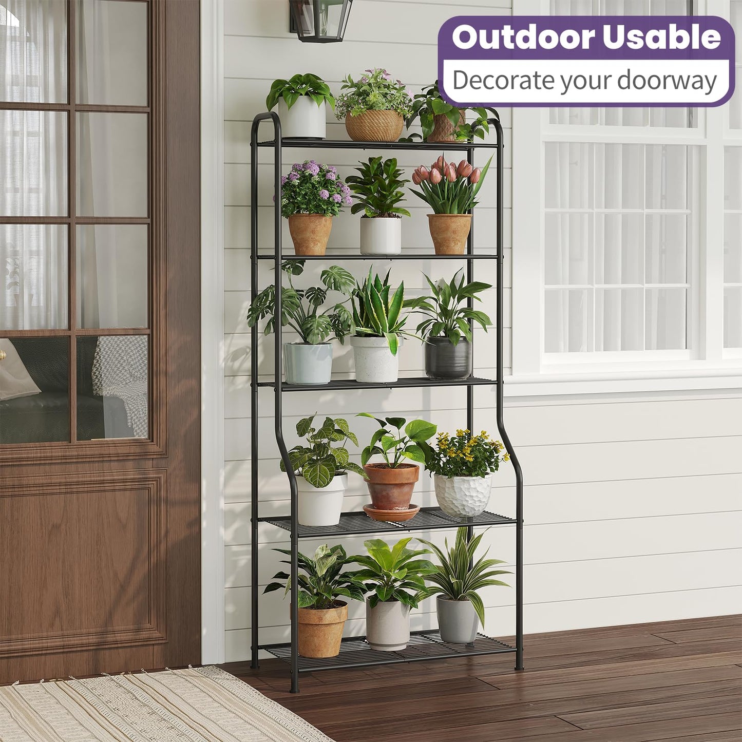 Wieghda 5-Tier Corner Plant Stand, Metal Black Flower Pot Rack, Indoor Outdoor Heavy Duty Shelf (Black, 5 Tier)