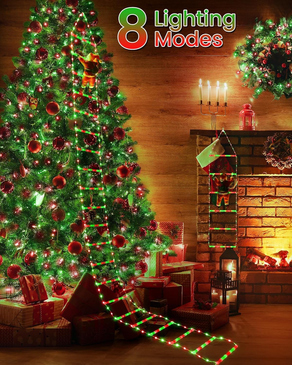 Christmas Decorations LED Ladder Lights with Climbing Santa Claus, 10ft Outdoor Christmas Decorative Light - 8 Modes Xmas Lights Tree for Home Holiday Wall Window Xmas Decor (Red & Green)