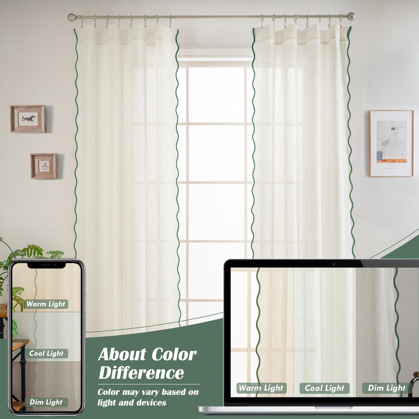 DriftAway Semi Sheer Scalloped Edge Linen Coastal Beach Window Curtains for Living Room Bedroom 2 Panels Rod Pocket Each Size 52 Inch by 84 Inch Loden Green