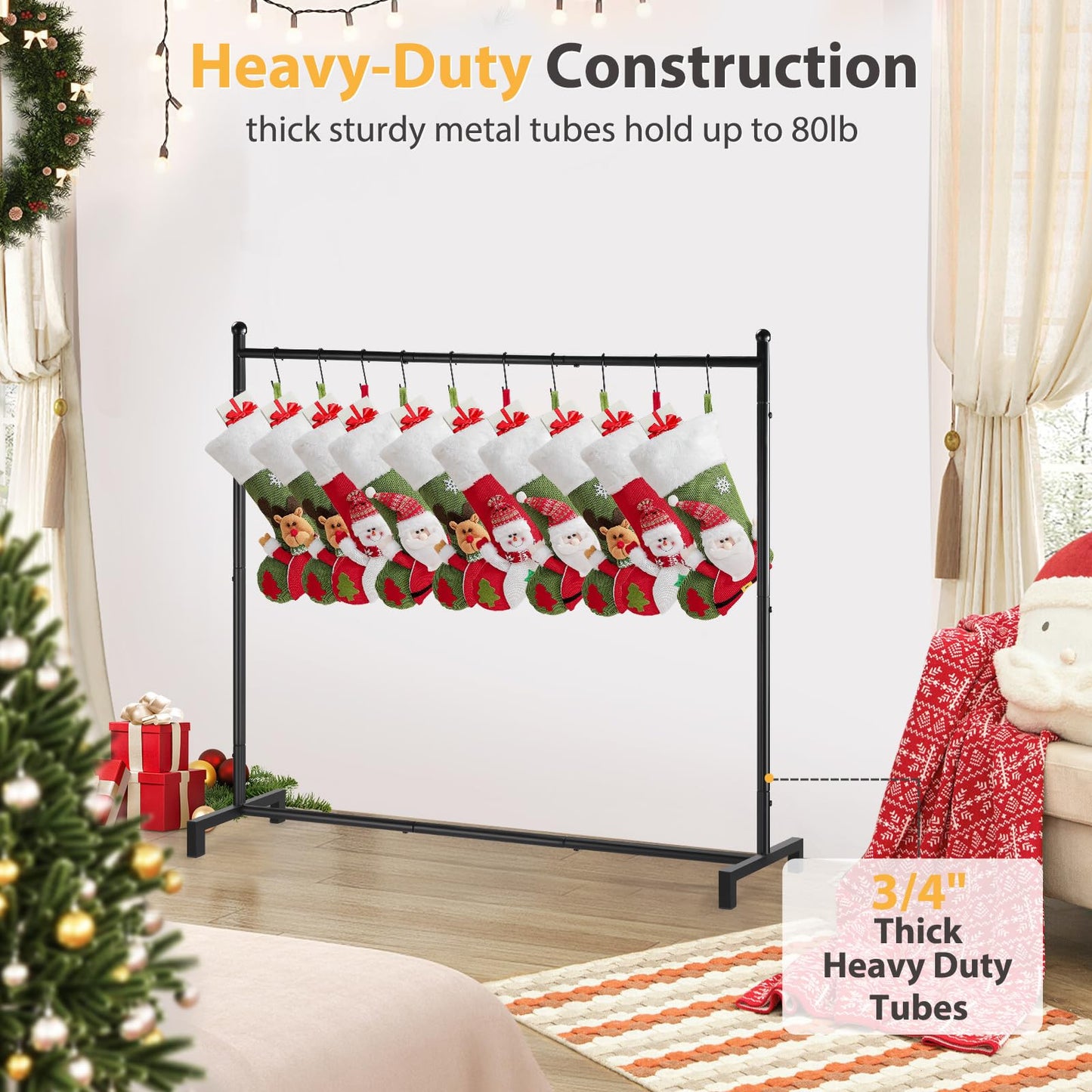 popamaz Christmas Stocking Holder Stand with 10 Hooks, Floor Metal Stocking Hangers, Christmas Holiday Décor Hanger Display for Home, Floor, Living Room