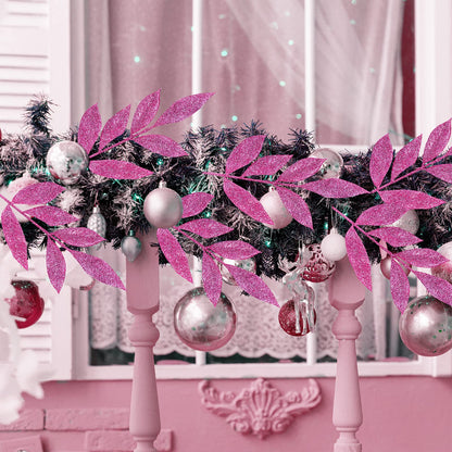 Winlyn 20 Pcs Pink Glitter Bay Leaf Sprays Artificial Christmas Tree Picks Sprays 12.7" Tall for Pink Christmas Tree Wreath Swag Floral Arrangement Winter Wedding Bouquet Centerpiece Decoration