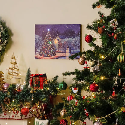 SOFFEE DESIGN 12'' x 16'' LED Christmas Canvas Prints Wall Art, Light Up Snowy Scene Wall Hanging Picture for Holiday Decor, Battery Operated - Shiny Christmas Tree