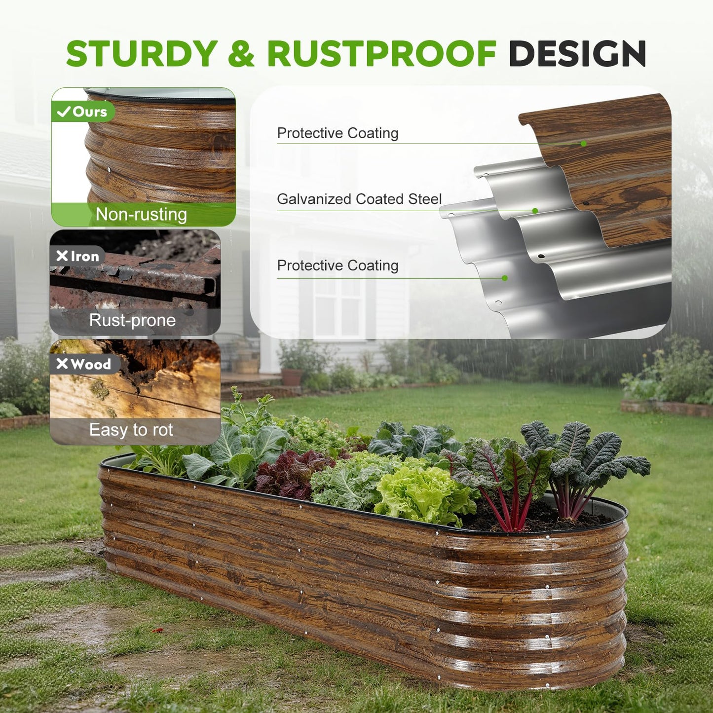 ZORMY Galvanized Raised Garden Bed Outdoor- 8x2x1.4ft Oval Steel Raised Beds for Gardening, Metal Planter Box with Protective Strip and Gloves for Vegetables, Flowers, Fruits(Brown)