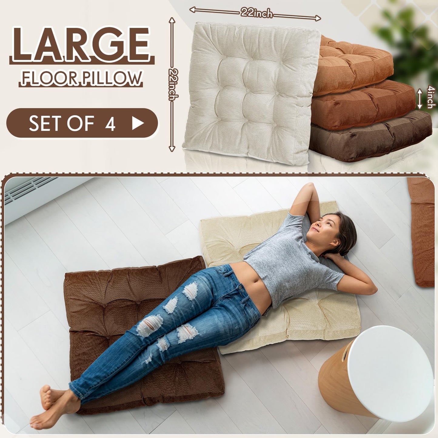 Jerify Floor Pillow Cushions Large Round Square Large Meditation Floor Pillow for Classroom Adult Meditation Picnic Party Seating Learning Daycare School(Square,Brown,4 Pcs)
