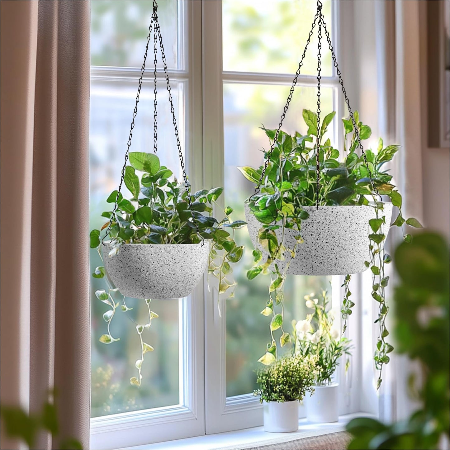 T4U Plastic Hanging Baskets 2-Pack - 12 Inch Large Hanging Flower Planter with Drainage Hole for Indoor Outdoor Plants, Round Plant Pot for Home Garden Porch Balcony Patio Decor (White)