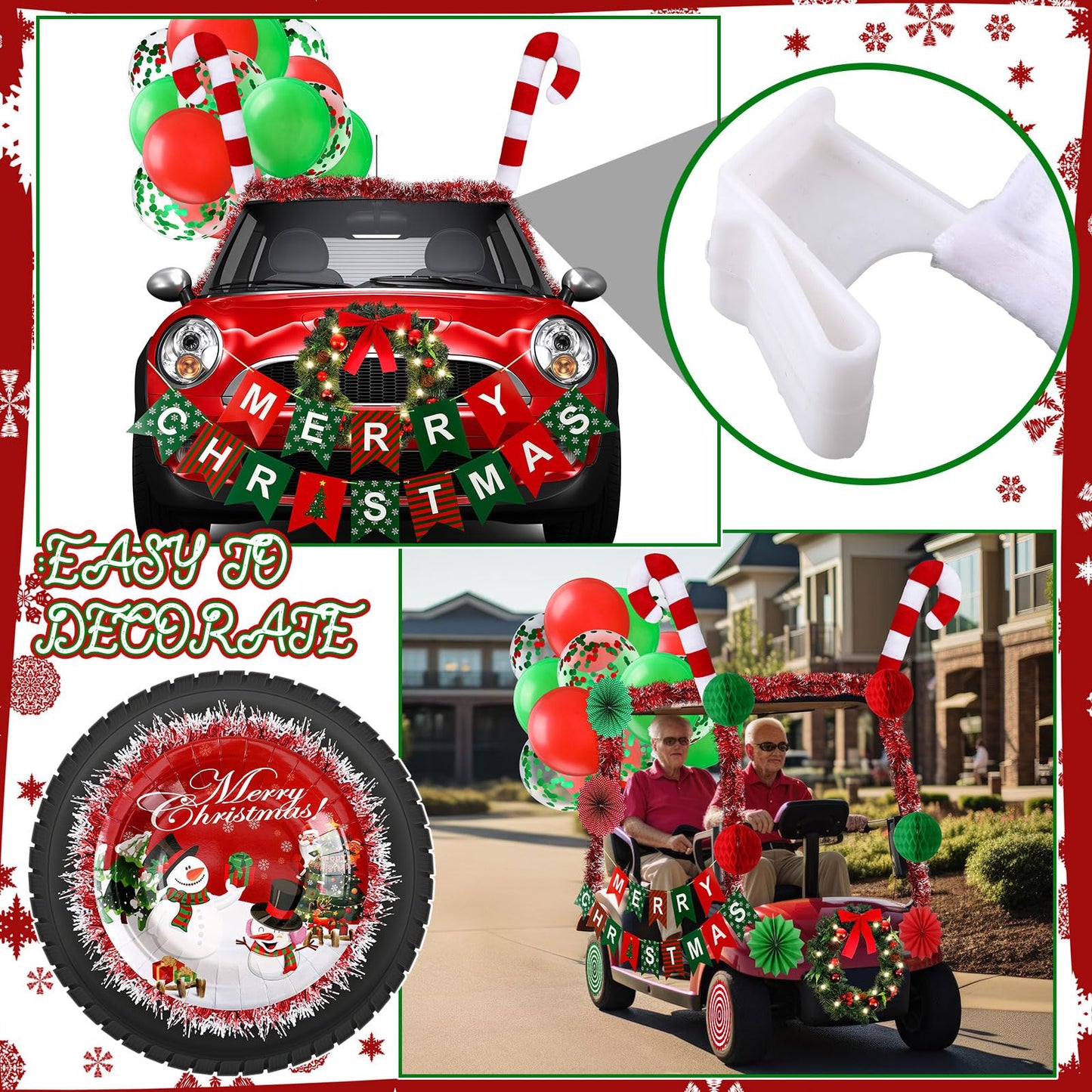 Suncalla 47 Pcs Christmas Parade Golf Cart Decoration Kit with LED Xmas Car Wreath Bow String Candy Canes Merry Christmas Banner Fans Balloons Tinsel Hanging Swirl Garland for Truck Vehicle