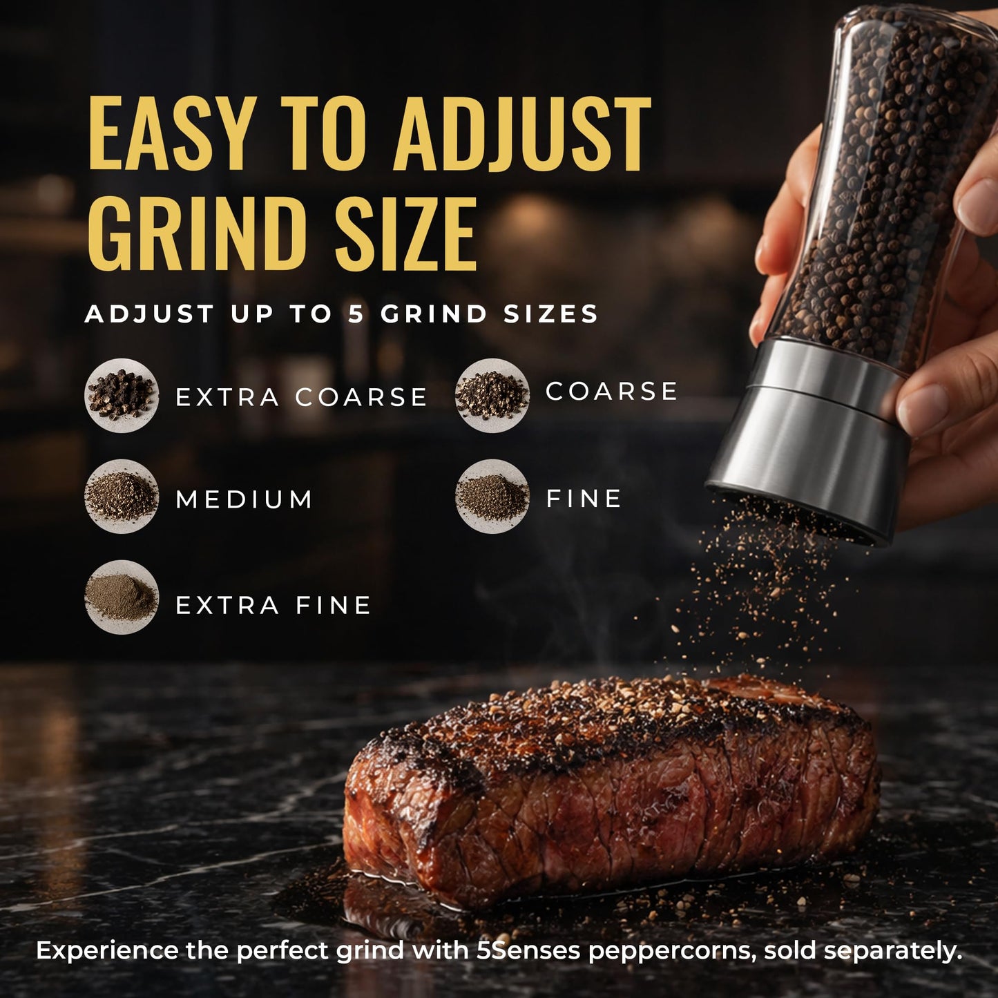5Senses SpiceCare Salt and Pepper Grinder Set of 2 (200ml) | Stainless Steel & Glass Manual Pepper Mill | Adjustable Ceramic Coarseness | Refillable Salt Shaker for Peppercorns, Sea Salt & Spices