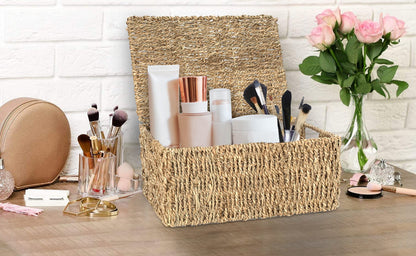 Woodluv Storage Boxes With Lids, Storage Baskets With lids, Woven Natural Seagrass, Storage Baskets for Shelves, Gift Hamper basket, Large