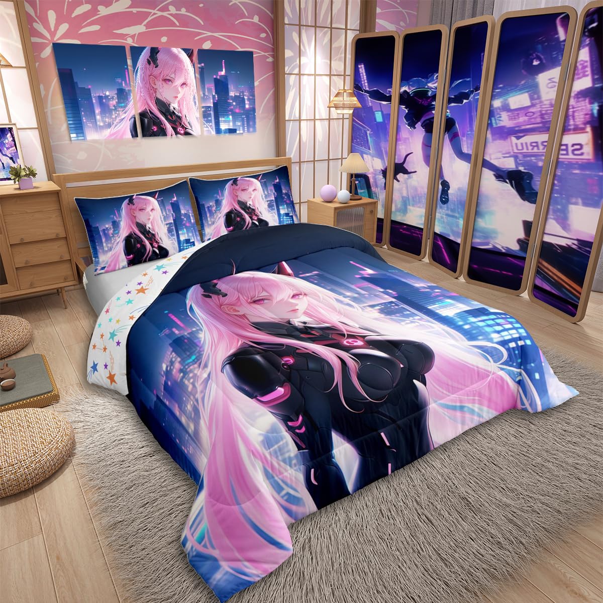 Erosebridal Japanese Anime Comforter Set Twin Size, Anime Girl Bedding Set Kawaii Japanese Style Quilt Cartoon Japan Animation Duvet Insert for Boys Teens Adult Women Bedroom Decor