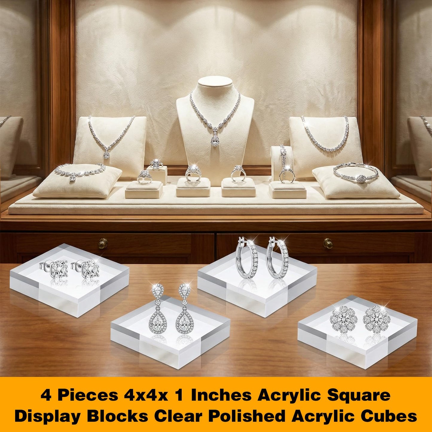 Xaajooio 4 Pcs Acrylic Display Block, 4 x 4 x 1 Inch Clear Polished Square Cube Riser Pedestal Stand for Jewelry Rings Cake Perfume Ornaments Collection