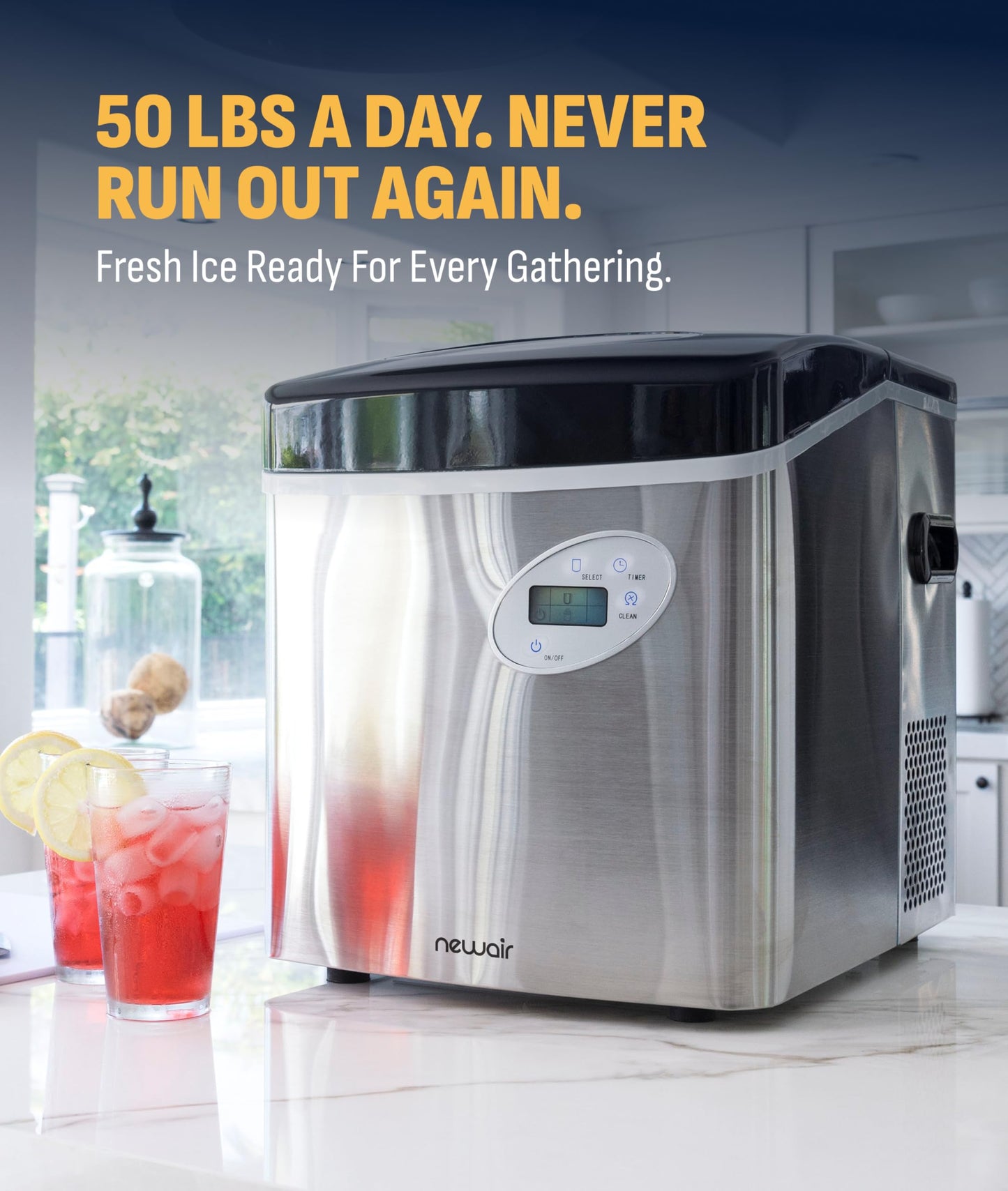 NewAir 50 lb. Countertop Ice Maker | Portable Bullet Ice Machine | 12 Cubes in 7 Minutes, 3 Ice Sizes | Stainless Steel, Self-Cleaning, BPA-Free