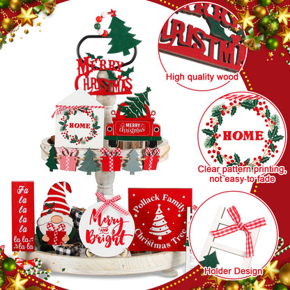 18 Pcs Christmas Tiered Tray Decor Gnome Santa Wood Sign Xmas Tree Table Centerpiece Farmhouse Rustic Table Decor for Winter New Year Home Tabletop