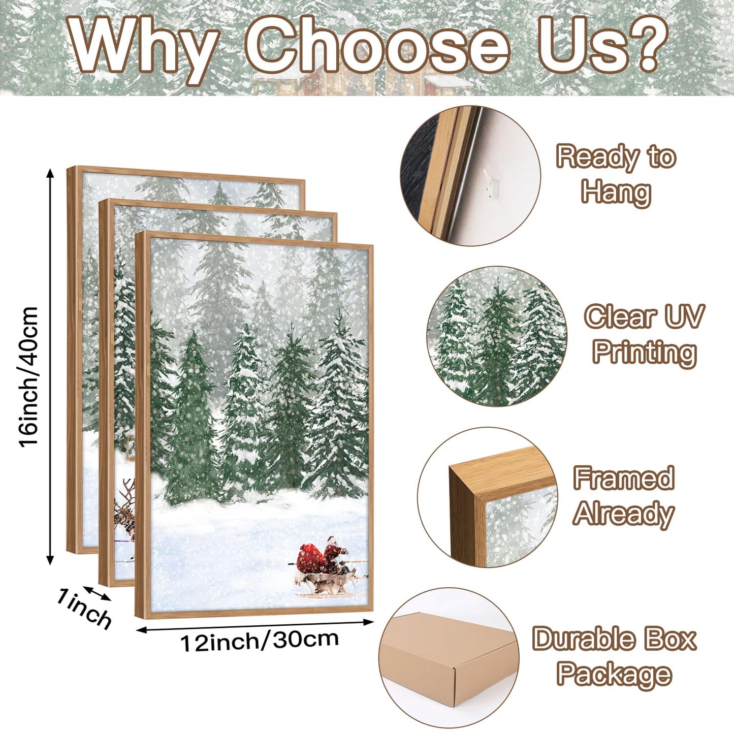CHDITB Santa Claus Reindeer Sleigh Framed Canvas Wall Art(12"x16"), 3 Panels Christmas Winter Holiday Artwork Prints, Large Rustic Xmas Gift Snow Scene Forest Landscape Decor for Home Office Bedroom