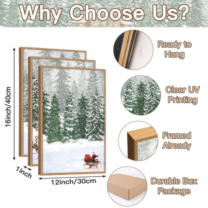 CHDITB Santa Claus Reindeer Sleigh Framed Canvas Wall Art(12"x16"), 3 Panels Christmas Winter Holiday Artwork Prints, Large Rustic Xmas Gift Snow Scene Forest Landscape Decor for Home Office Bedroom
