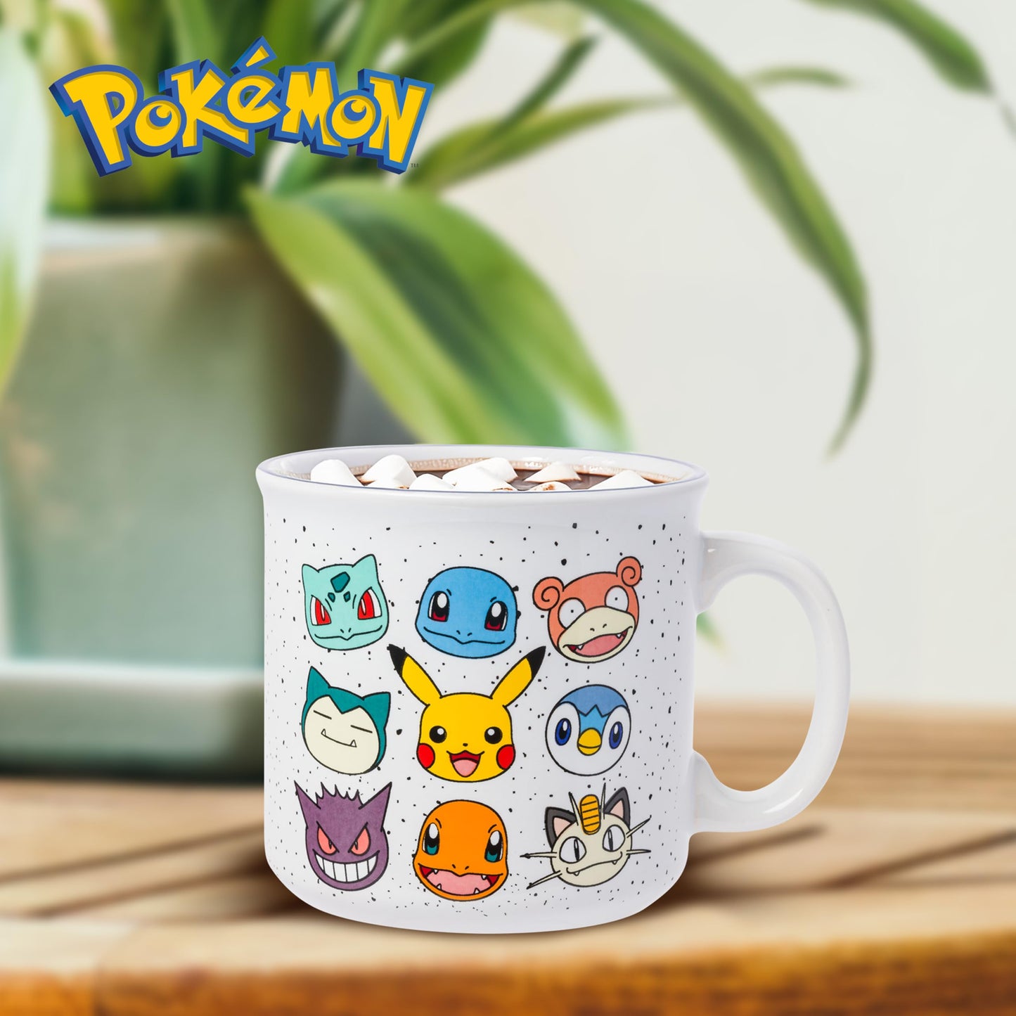 Silver Buffalo Pokemon Bulbasaur, Squirtle, Slowpoke, Snorlax, Pikachu, Piplup, Haunter, Charmander, and Meowth Camper Mug, 20 Ounces