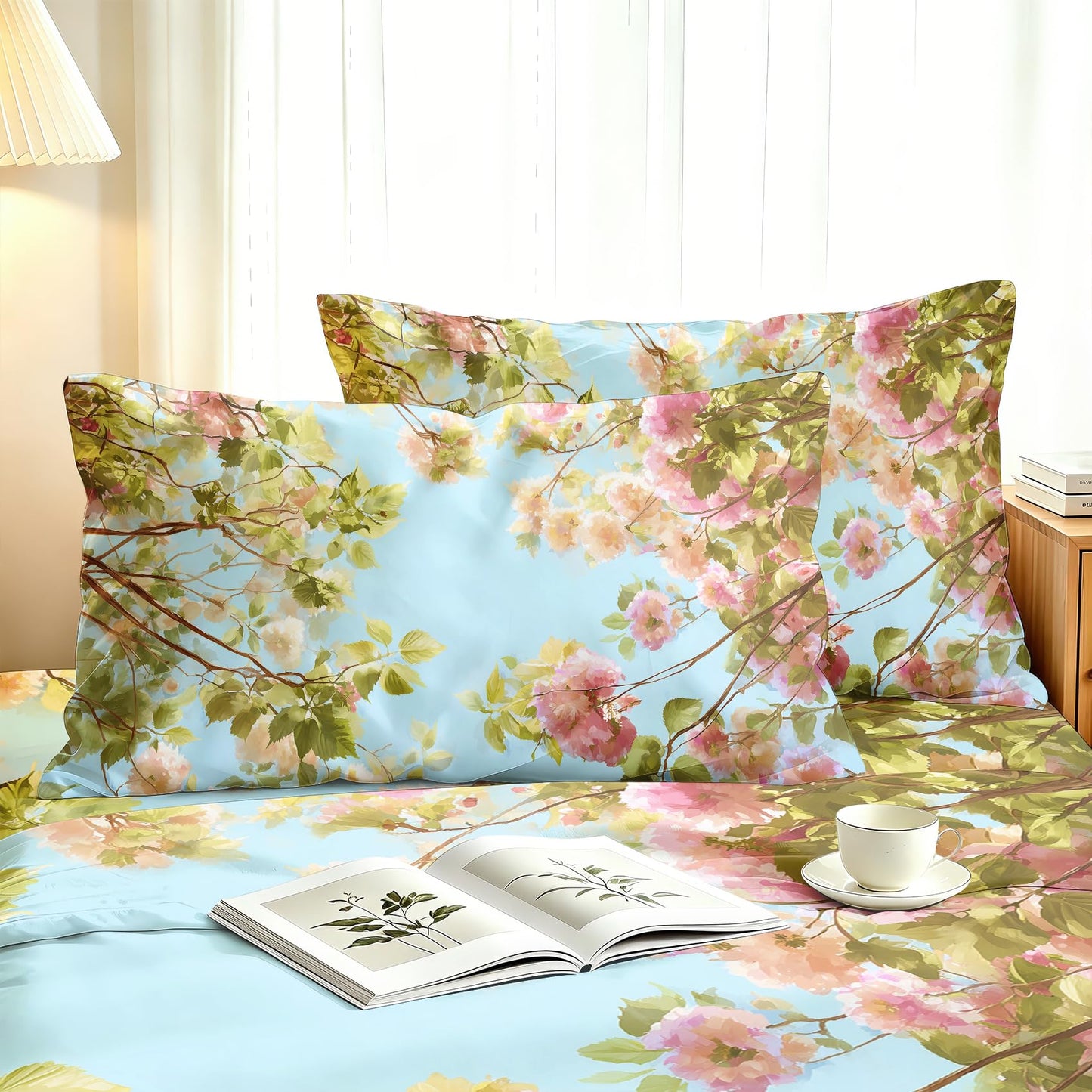 Spring Flower Bedding Set 4 Pcs Blue Sky Floral California King Sheets