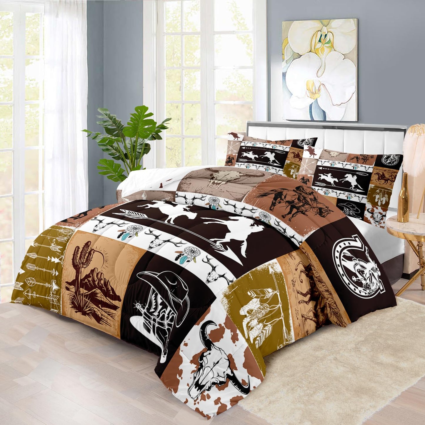 llyxsesty Cowboy Comforter Set Queen Western Bedding Set for Teens Desert Cactus Comforter Queen Hunting Quilt Farmhouse Bedroom Decor America West Bedding Country Home Decor Bedroom