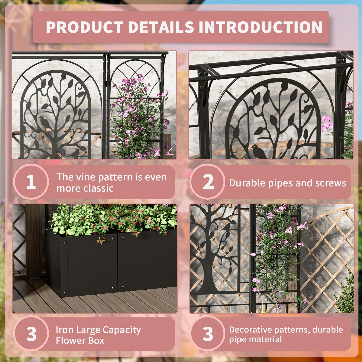 Athuiline Metal Planter Box with Trellis, Raised Garden Bed with Trellis Privacy Screen, 62 inch Tall Planter Boxes for Climbing Plants, Flowers, Vegetables, Fruits, Balcony and Patio Decor (Black)