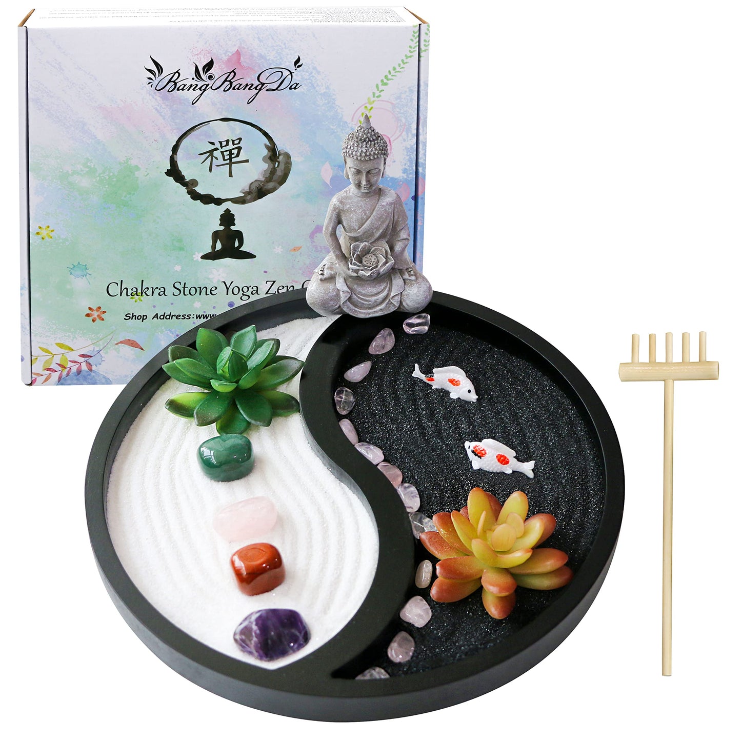 BangBangDa Buddha Meditation Zen Garden Kit - Home Office Tabletop Taiji Yin Yang Sand Garden Altar Zen Decor Zen Gifts DIY Mini Chakra Crystal Quartz Rock Garden w/Nature Healing Stone Rake Tool