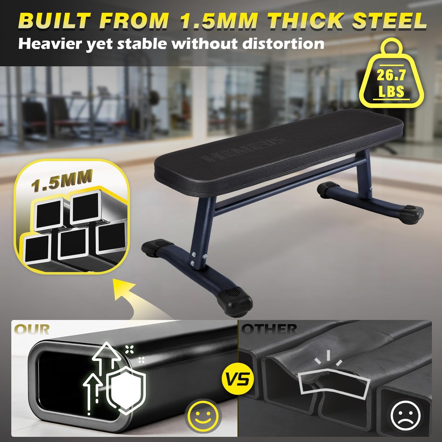 HEMERIS Flat Weight Bench 43 Inch, 2.4 Inch Thick Pad Workout Bench 660 LBS Bench Press Exercise Equipment for Home Gym Strength Weight Training(Black)