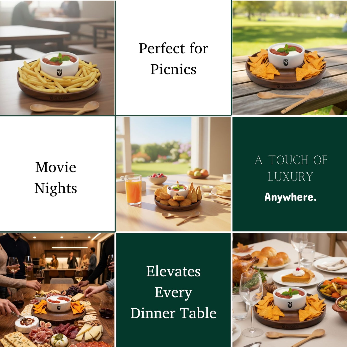 Graina Premium Wooden Chip and Dip Serving Tray Set – Dark Walnut Large Serving Tray with Ceramic Dip Bowl & 2 Wooden Spoons – Chip and Dip Bowl Set for Chips, Snack & Entertaining | Appetizer Platter