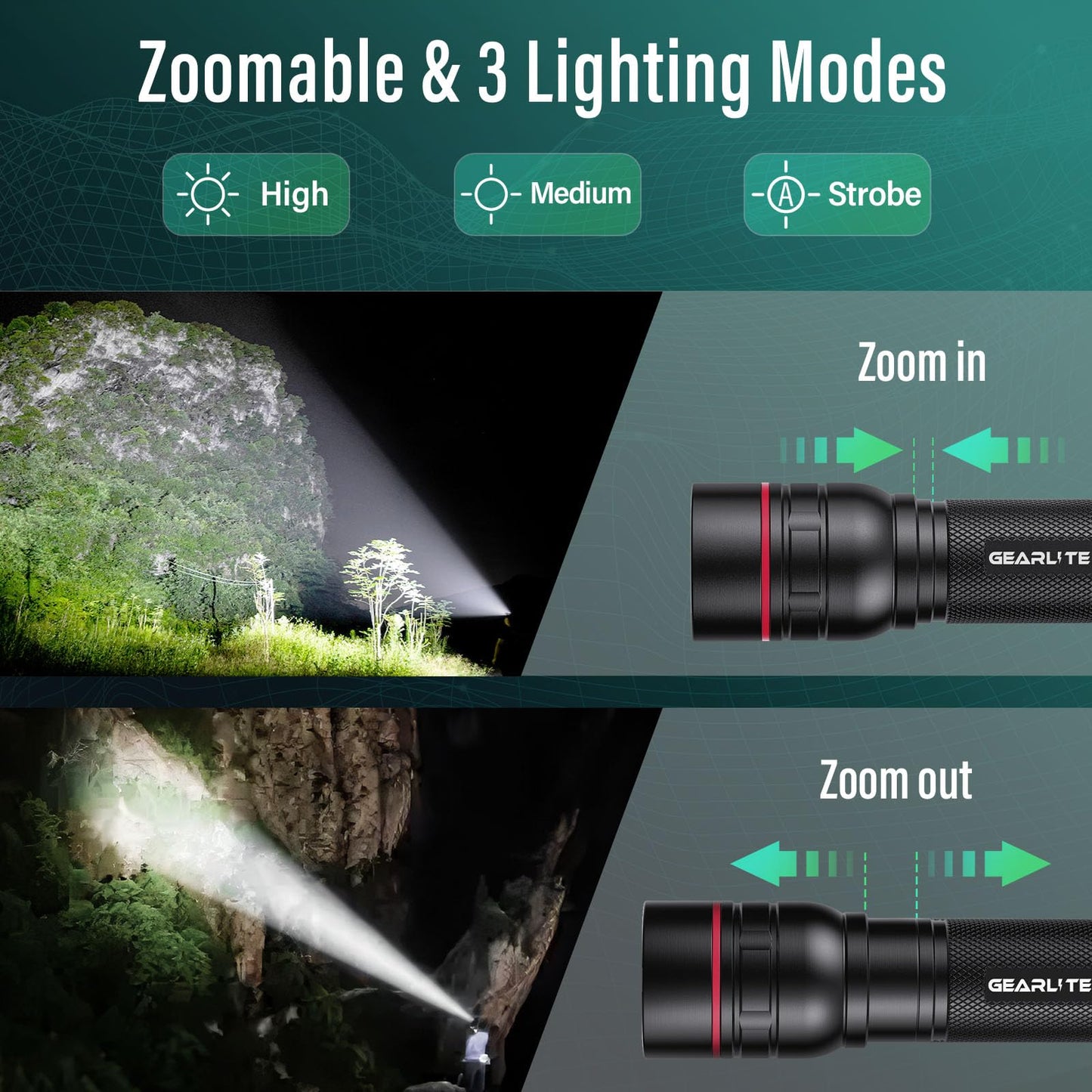 GEARLITE LED Torch Rechargeable, 2 Pack 2000LM Super Bright Adjustable Focus Flashlight, 3 Lighting Modes, Long Battery Life, Waterproof Pocket Size Torch for Power Cuts, Emergency