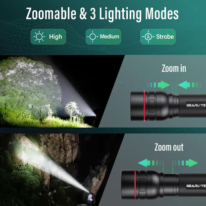 GEARLITE LED Torch Rechargeable, 2 Pack 2000LM Super Bright Adjustable Focus Flashlight, 3 Lighting Modes, Long Battery Life, Waterproof Pocket Size Torch for Power Cuts, Emergency