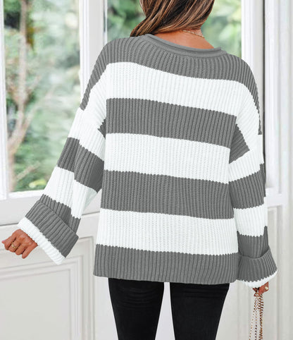 ZESICA Women's 2025 Fall Long Sleeve Oversized Striped Color Block Comfy Loose Crew Neck Knitted Pullover Sweater