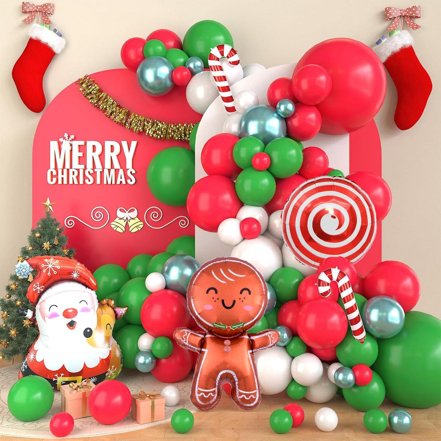 Christmas Balloon Garland Arch Kit, Christmas Balloon Arch with Metallic Green Red White Latex Balloons Snowflake Santa Foil Balloons Candy Cane for Xmas New Year Party Decoration