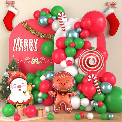 Christmas Balloon Garland Arch Kit, Christmas Balloon Arch with Metallic Green Red White Latex Balloons Snowflake Santa Foil Balloons Candy Cane for Xmas New Year Party Decoration