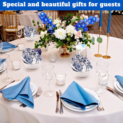 SiliFine 12 Pcs Wedding Favors for Guests Small Ceramic Bowl Bulk Gifts Set 3.3 Inch Floral Design Mini Dipping Sauce Dish with Card Box for Bridal Pooja Baby Shower Birthday (Flower,Blue)