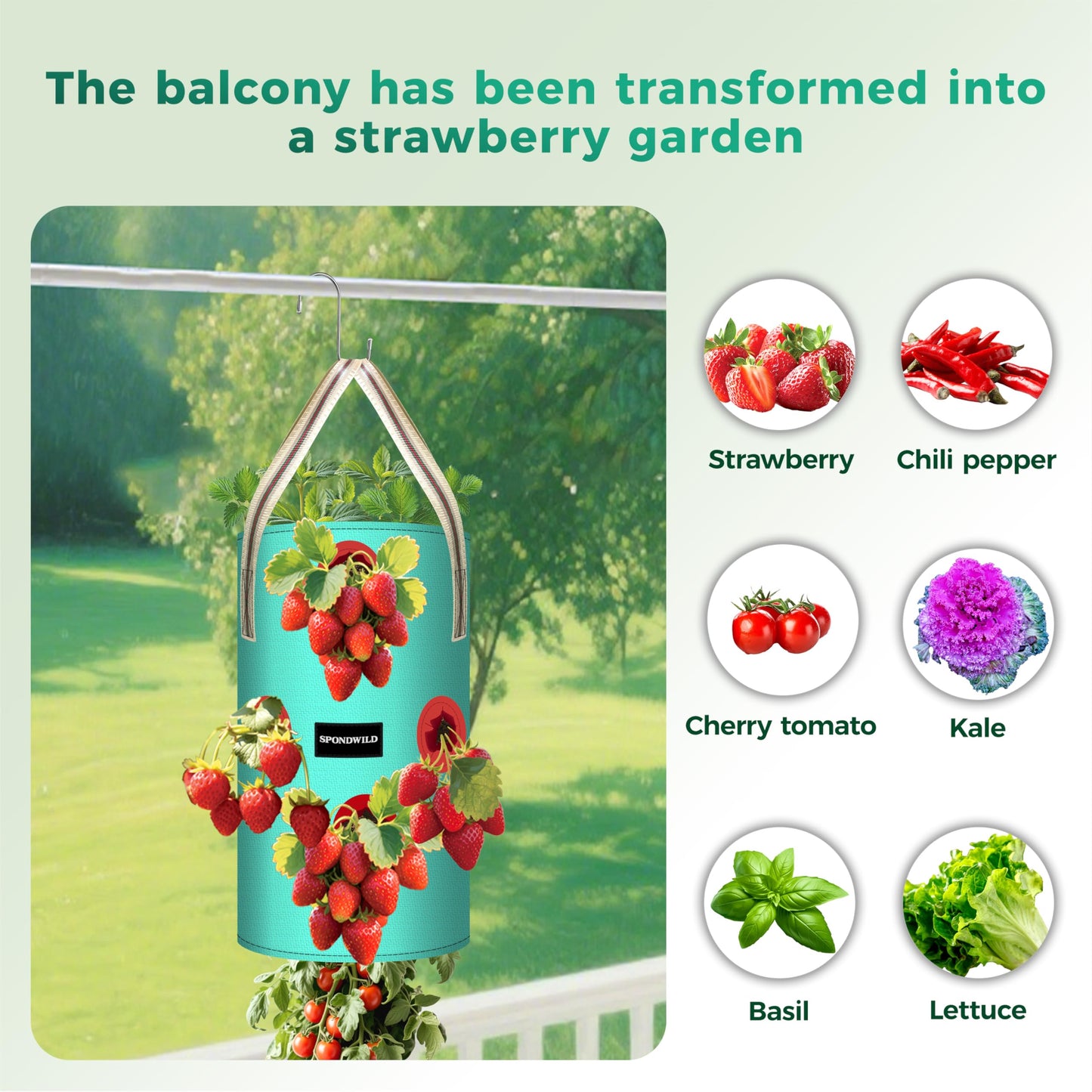 SPONDWILD 3 Pack 3 Gallon Hanging Strawberry Planter Bags, 12 Holes PE Grow Bags with Bottom Drainage, Reusable Vertical Planters for Small Space Gardening(Green)