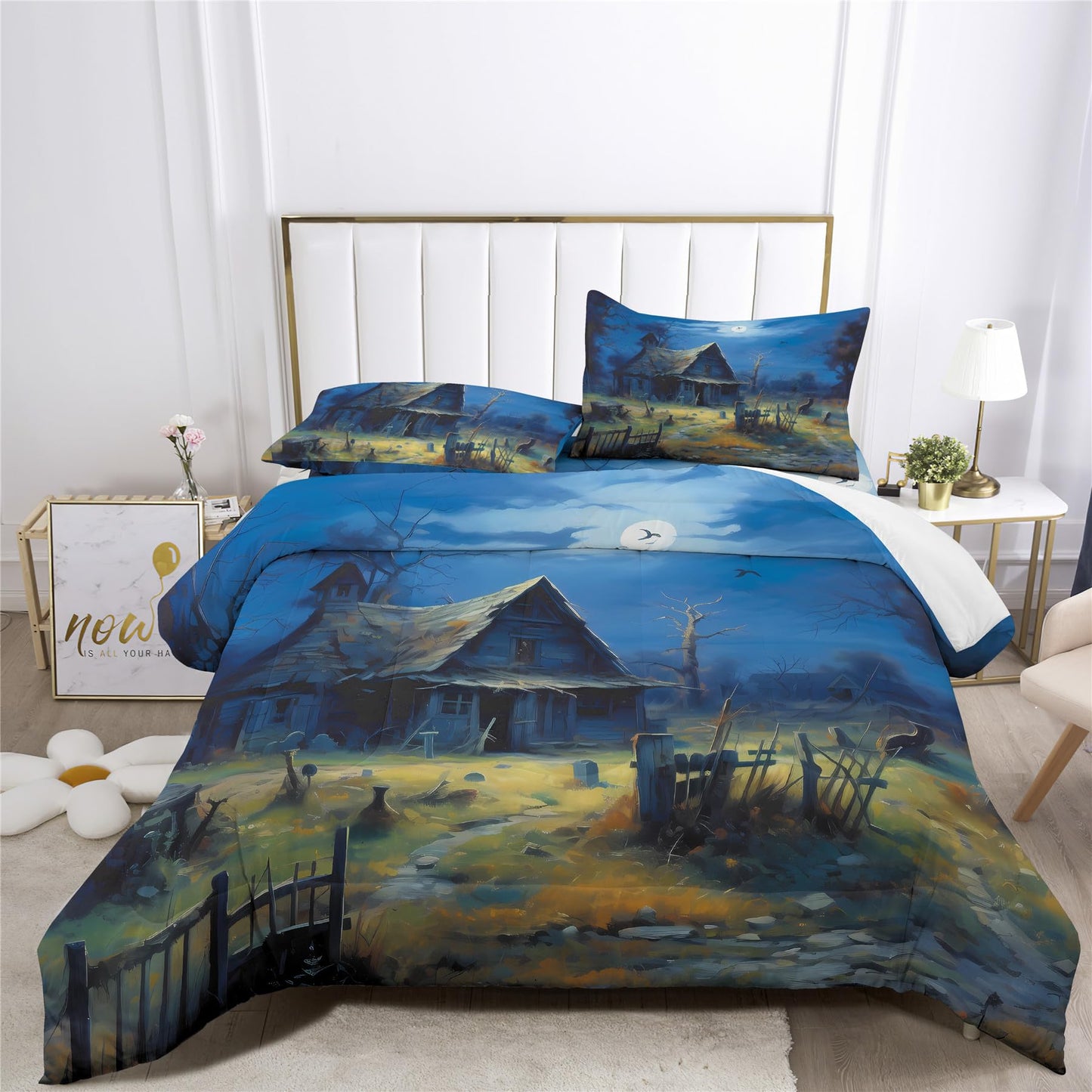 Halloween Haunted House Design Comforter Set | Horror Festive Night Spooky Manor Prints Bedding Set | with Soft Comforter+2 Pillow Shams(3PCS) or Sheet (4PCS) (A,Twin-3PCS)