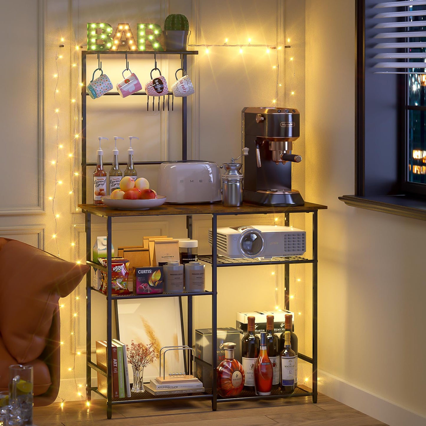 Baker's Rack for Kitchen with Storage, Microwave Stand with Adjustable Shelves and 10 S Hooks, 6-Tier Coffee Bar Station, Kitchen Shelves for Spices, Pots, Rustic Brown