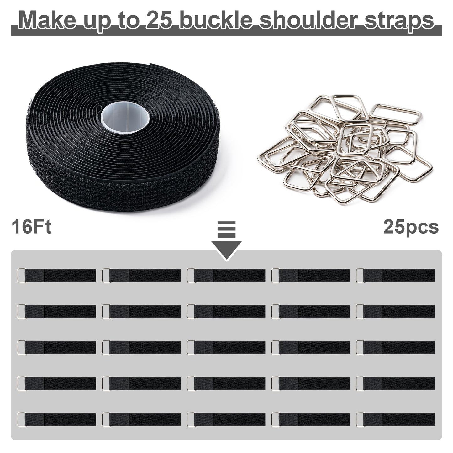 1" x16Ft Hook and Loop Straps with 25 Metal Buckles, Adjustable Fastening Cable Straps, Free Cut Length, Reusable Nylon Cable Ties for Organizer or Storage, Black