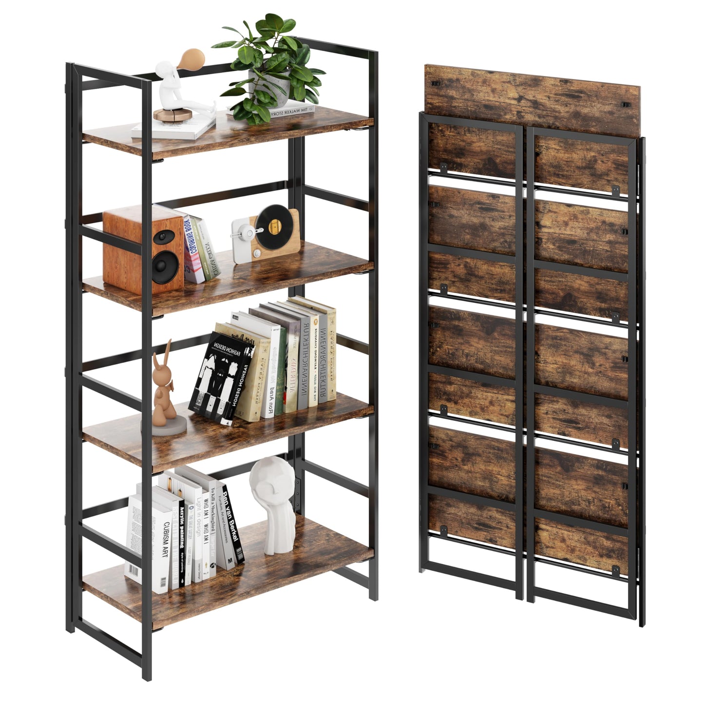 BHG Vintage Multifunctional Folding Bookshelf, No-Assembly Plant Stand Storage Rack Shelves for Home Office (Fire, 4-Tier)