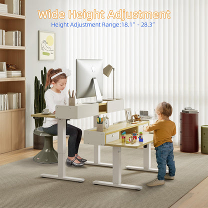 YIHAYO Low Height Adjustable Desk with Drawers, Lifts 18.1-28.3 Inches, Electric Standing Desk with Storage Shelf for Short People, 48 x 24 Inches Table with Splice Board for Home Office, Natural