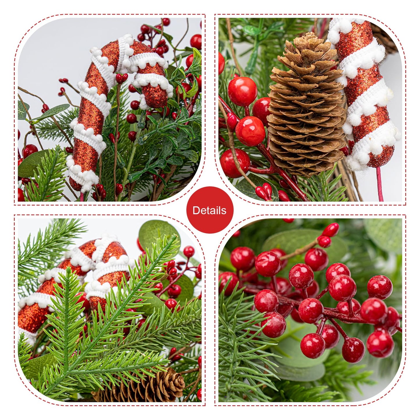 MG MagicGarden Christmas Wreaths for Front Door 20 Inches Artificial Christmas Wreath with Red Holly Berries Pine Needles Pine Cones Candy Canes for Xms Holidays
