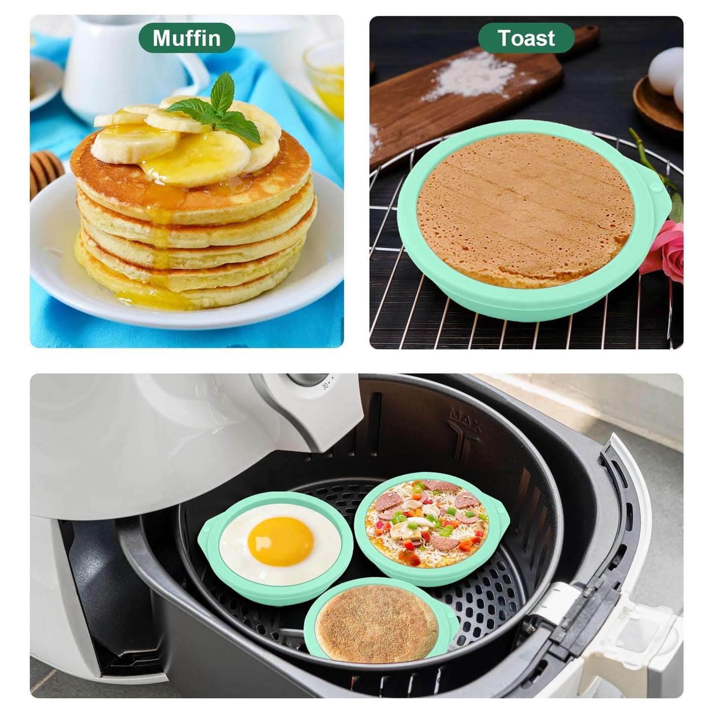 4 Pcs Air Fryer Egg Molds, Silicone Non-Stick Muffin & Toast Maker, Reusable Baking Cups Lids for Quick Cooking, Easy to Clean Air Fryer Accessories