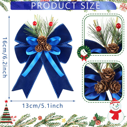 Syhood 6 Pcs Christmas Bows with Pine Cones Pine Needles Xmas Blue Velvet Bows Blue Velvet Ribbon Christmas Tree Wreath Decoration for Xmas Parties Indoor Outdoor Crafts DIY Decor