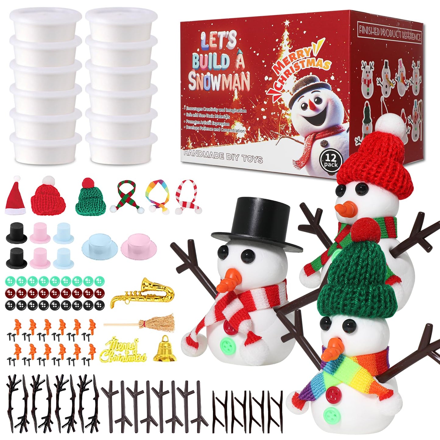 LAHAND 12-Pack Christmas Snowman Crafts Sets for Kids, Modeling Clay Snowman DIY Kit,Christmas Stocking Stuffers for Kids, Perfect for Winter Children's Holiday Party Decoration Gifts