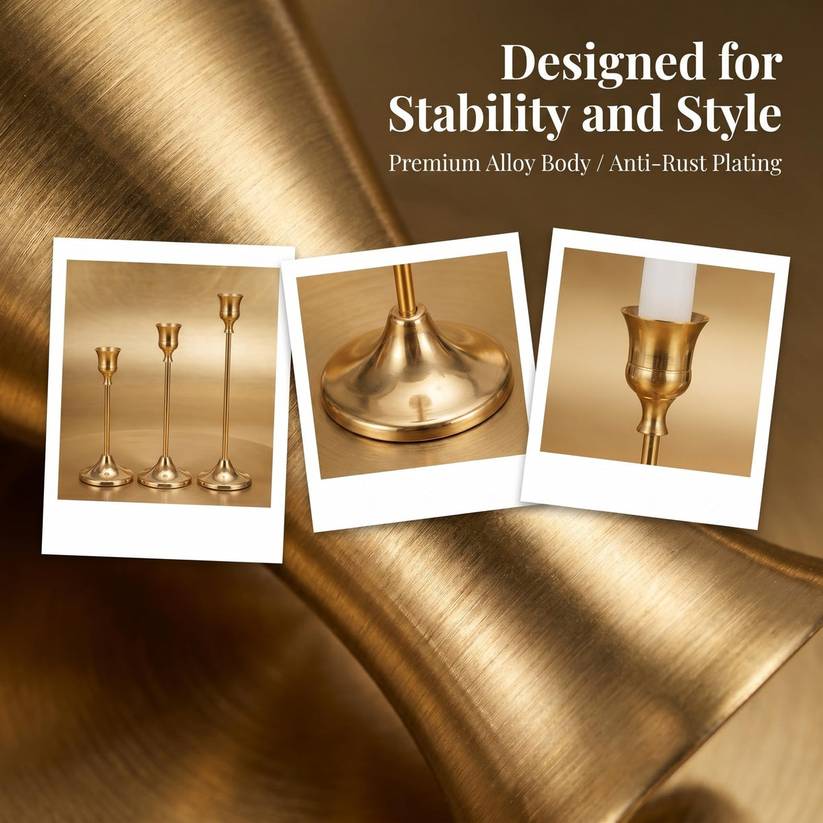 Oakernel Brass Taper Candle Holders 2 Sets(6 Pcs) - Tall Metal Candlestick Holders for Table Centerpiece, Formal Dinner, Wedding, Fireplace Mantel Decor, Fits 3/4 Inch Thick Candles