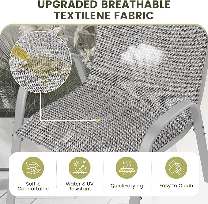 UDPATIO Patio Chairs Set of 2, Stackable Silver Outdoor Dining Chairs with High Back, Breathable Textilene Fabric Outdoor Chair All Weather, 350LBS Capacity for Garden, Backyard (Light Grey)